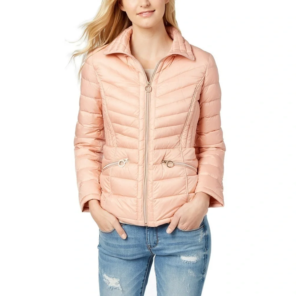 Michael Kors Quilted Packable Down Fill Coat w/ removable hood in Pink Size S
